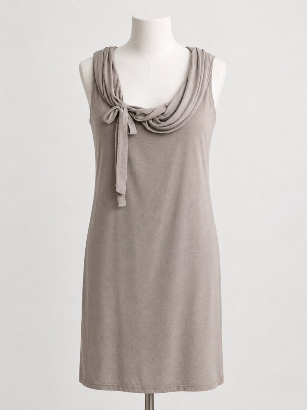 Caractere 100% Silk Sleeveless Dress with Drape Neck and Tie Detail Taupe Sz 8